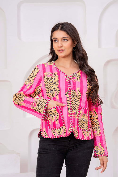 Pink Cotton Reversible Light Weight Quilted Short Jacket